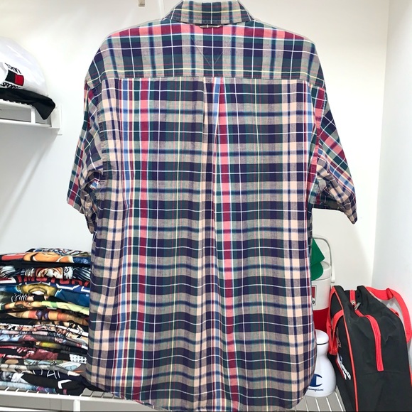 Vintage 90s Shirt Mens Mickey Disney Plaid Blue Red Madras Button Up L - Picture 4 of 6